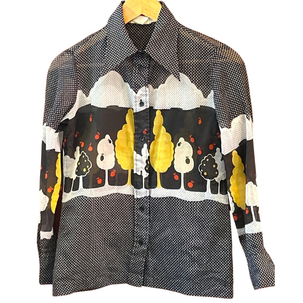 70s Lady Manhattan Blouse Whimsical Novelty Print Retro Mod Sheer Shirt